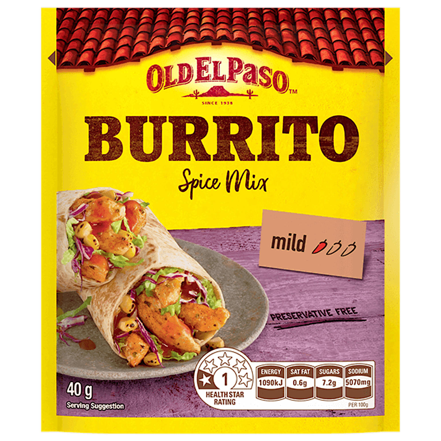 a pack of Old El Paso's mild burrito spice mix (40g)